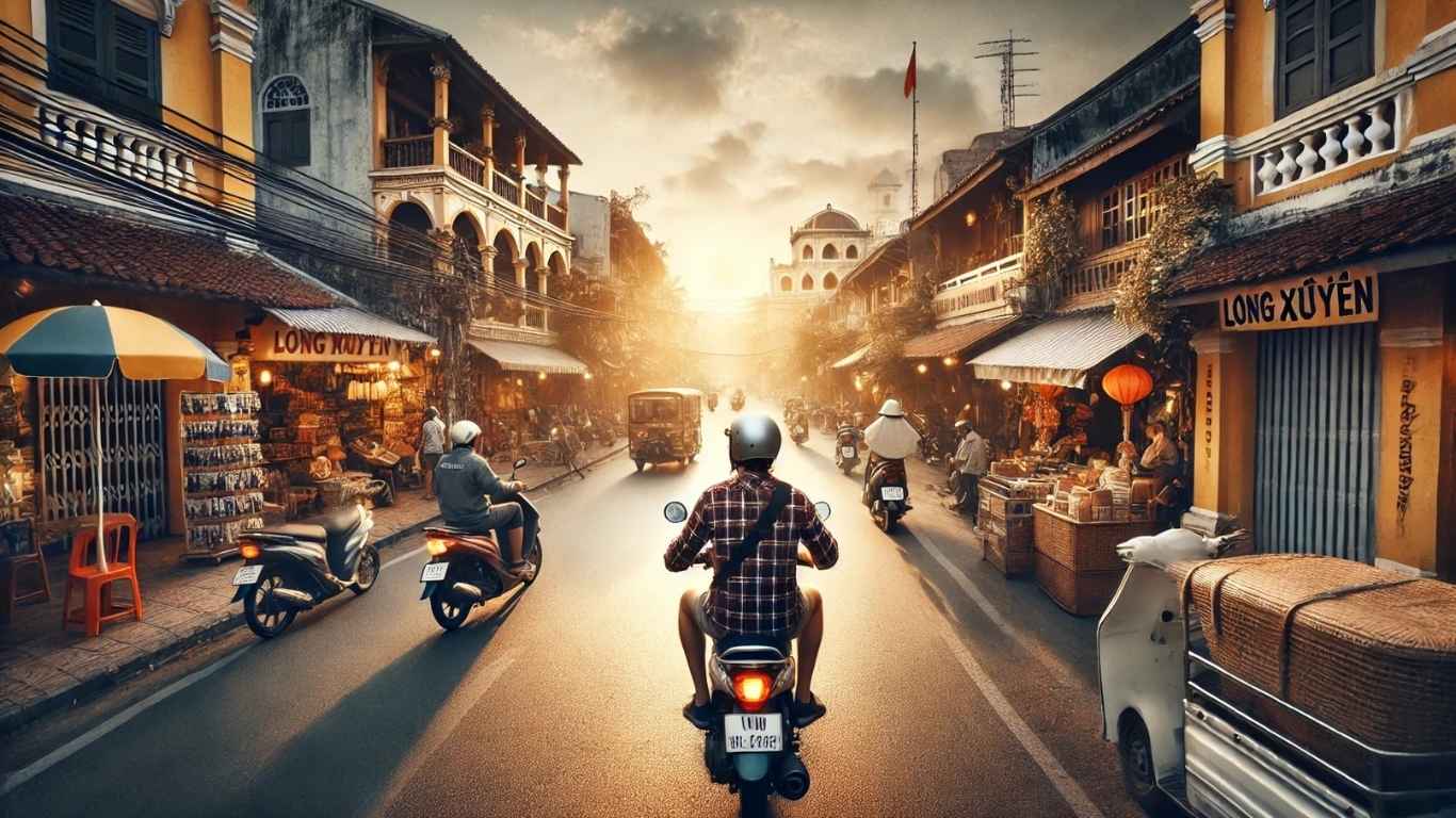 khách hàng thuê xe honda 2 bánh tại long xuyên an giang của bích long tham quan tp long xuyên